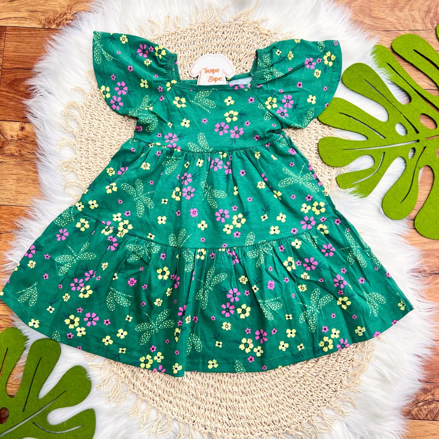 Vestido Floral com Libélulas - Verde